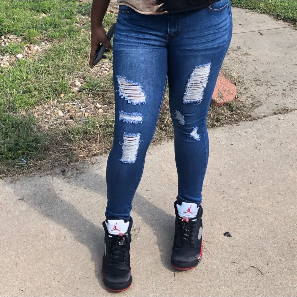 distressed dark wash jeans